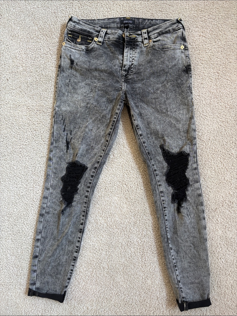 True Religion Women's Grey Acid-Wash Skinny Jeans with Black Patch Rips